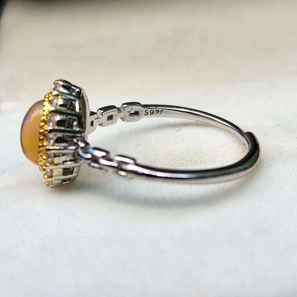 S925 opal ring with colorful flash and zircone - adjustable size band